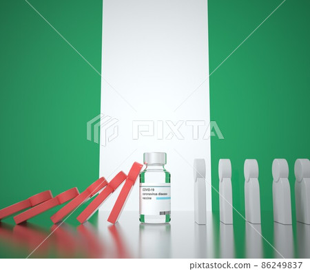 COVID-19 vaccine vial prevents falling of people figures at the flag of Nigeria. Medical conceptual 3D rendering COVID-19 vaccine vial prevents falling of people figures at the flag of Nigeria. Medical conceptual 3D rendering 86249837