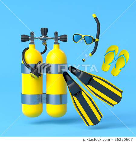 Colorful scuba stuff and beach accessories like umbrella, flip flops and inflatable ring on blue background. 3D render of summer vacation concept and holidays Colorful scuba stuff and beach accessories like umbrella, flip flops and inflatable ring on blue background. 3D render of summer vacation concept and holidays 86250667