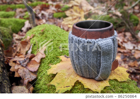 Clay mug in woolen knitted cover. Steam from the mug on the background of autumn forest. Copy space. Clay mug in woolen knitted cover. Steam from the mug on the background of autumn forest. Copy space. 86250864