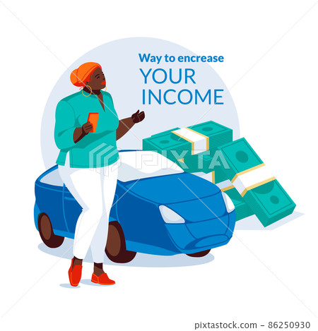 The concept of passive income. A black woman stands with a smartphone in her hand near the car. In the background are large bundles of dollars. Income growth concept. Flat vector illustration. 86250930