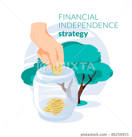 The concept of passive income. Financial Independence Strategy. A human hand holds a coin and puts it in a jar. Big green tree in the background. Income growth concept. Flat vector illustration. The concept of passive income. Financial Independence Strategy. A human hand holds a coin and puts it in a jar. Big green tree in the background. Income growth concept. Flat vector illustration. 86250931