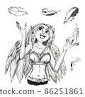 Graphic drawing of an elf girl with angel wings and feathers floating in the air. 86251861