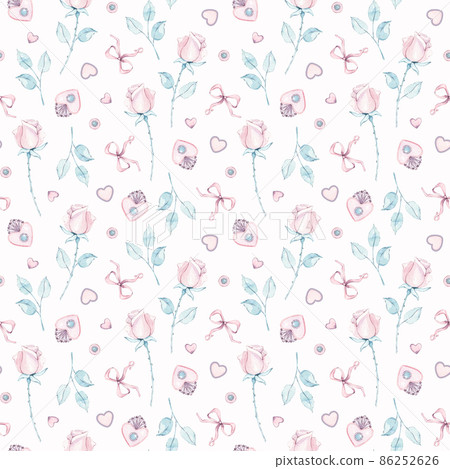 Watercolor seamless pattern with rustic Provence Rose flowers, hearts, bow, leaves. Hand drawn. For mother, birthday, valentine, love cards, linen, wrapping, wallpaper, home decor textile. 86252626