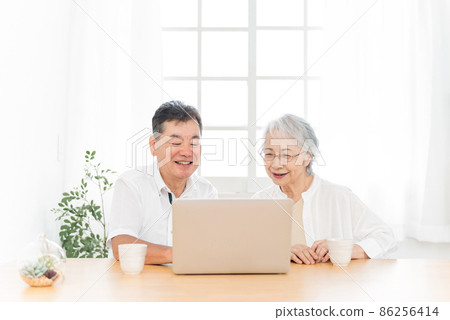 看筆記本電腦的老年夫婦(微笑) 看筆記本電腦的老年夫婦(微笑) 86256414