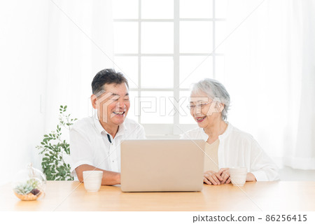 Elderly couple looking at a laptop (smile) Elderly couple looking at a laptop (smile) 86256415