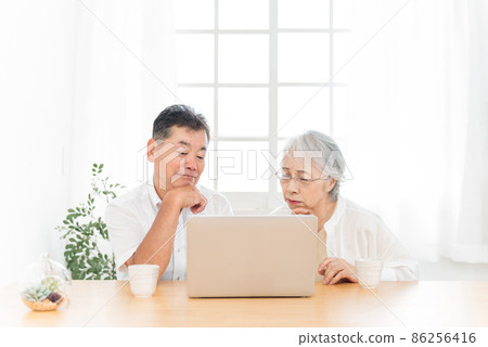 Elderly couple looking at a laptop (problem) Elderly couple looking at a laptop (problem) 86256416