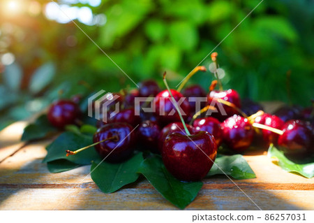 Ripe fresh cherries on a wooden background 86257031