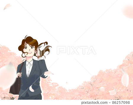 Illustration of a woman in a suit walking under a row of cherry blossom trees Illustration of a woman in a suit walking under a row of cherry blossom trees 86257098