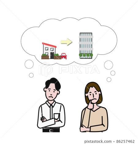 一個簡單的 ira，也可用於在一對年輕休閒男女夫婦的白色背景上繪製線條視頻，他們臉上有問題並考慮搬遷 86257462