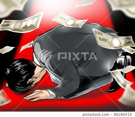 An illustration of a big loss bill dancing in manga gambling and an office worker in a suit that cries An illustration of a big loss bill dancing in manga gambling and an office worker in a suit that cries 86260419
