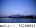 Yokohama Bay Bridge and Hikawa Maru at dusk 86260938
