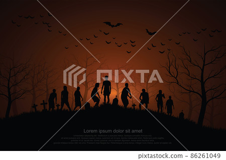 Crowd of hungry zombies in the woods. Silhouettes of scary zombies walking in the forest at night. Spooky forest with grave. Crowd of hungry zombies in the woods. Silhouettes of scary zombies walking in the forest at night. Spooky forest with grave. 86261049