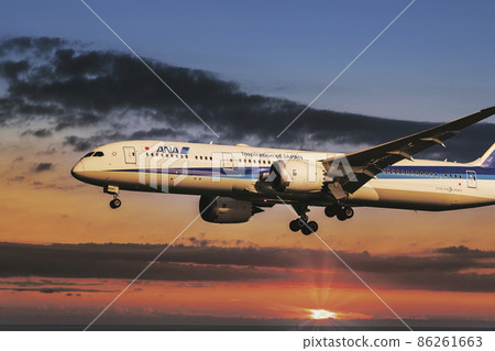 [ANA aircraft landing on Runway A from Ukishimacho Park] 86261663