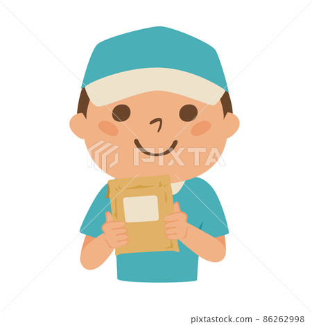 Illustration of a man in a delivery company holding a cardboard box. A man with a small baggage. Illustration of a man in a delivery company holding a cardboard box. A man with a small baggage. 86262998