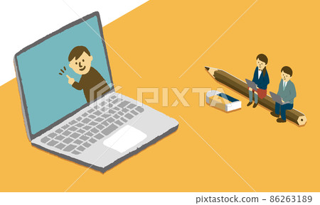 Illustrations of men and women of junior high school and high school students participating in online classes on laptops Illustrations of men and women of junior high school and high school students participating in online classes on laptops 86263189