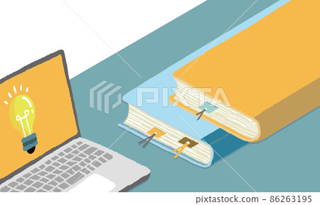 Illustration of a laptop and a book placed on a desk Illustration of a laptop and a book placed on a desk 86263195