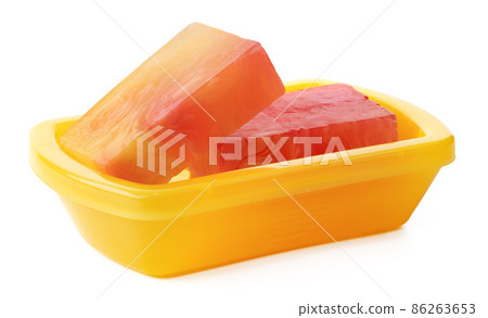 Soap on a plastic soap dish isolated on a white background Soap on a plastic soap dish isolated on a white background 86263653