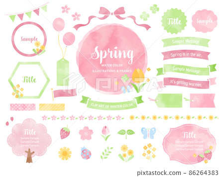 Spring color watercolor illustration and frame set / Sakura, flowers, decorations, plants Spring color watercolor illustration and frame set / Sakura, flowers, decorations, plants 86264383