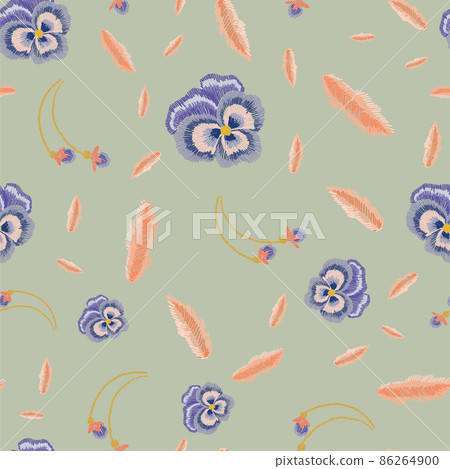 Hand drawn viola flowers in embroidery style seamless pattern. Hand drawn viola flowers in embroidery style seamless pattern. 86264900