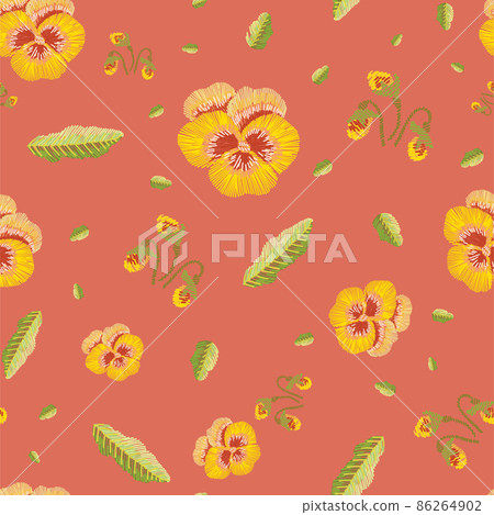 Hand drawn viola flowers in embroidery style seamless pattern. Hand drawn viola flowers in embroidery style seamless pattern. 86264902