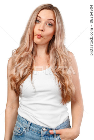Silly young woman making fish face isolated on white background Silly young woman making fish face isolated on white background 86264904