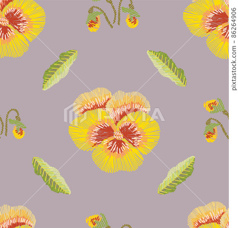 Hand drawn viola flowers in embroidery style seamless pattern. Hand drawn viola flowers in embroidery style seamless pattern. 86264906