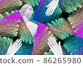 Contemporary collage. Hands and sculpture of a woman against the background of a geometric pattern in the form of a network. 86265980