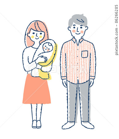 一對年輕夫婦和一個微笑著站著的嬰兒 86266285