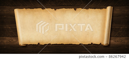 Old paper horizontal banner. Parchment scroll on a wood board 86267942