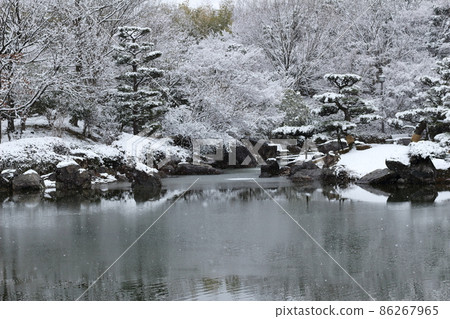 下雪天公園裡有薄冰的池塘 下雪天公園裡有薄冰的池塘 86267965