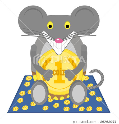 Mouse with coin. Funny happy mouse sits on a carpet with scattered gold coins. Isolated illustration. Cartoon character in flat style. 86268053