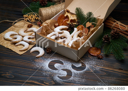 Gift box full of Traditional German or Austrian Vanillekipferl vanilla kipferl cookies Gift box full of Traditional German or Austrian Vanillekipferl vanilla kipferl cookies 86268080