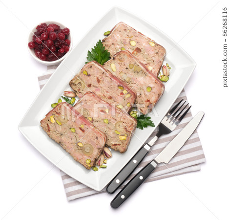 Sliced Traditional French terrine covered with bacon isolated on white background 86268116