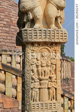 Stupa No. 3, Right Pillar, Top Panel, Ashokan Pillar, World Heritage Site, Madhya Pradesh, India. Stupa No. 3, Right Pillar, Top Panel, Ashokan Pillar, World Heritage Site, Madhya Pradesh, India. 86268247