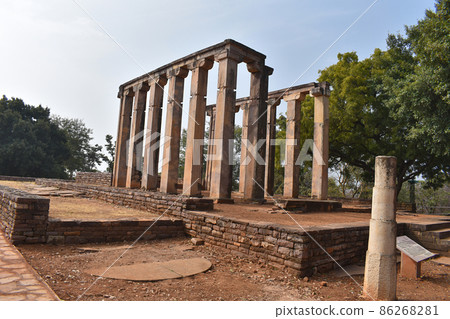 Right side view of Temple 18, pillars an ancient Buddhist monument at Sanchi, Sanchi monuments, World Heritage Site, Madhya Pradesh, India. Right side view of Temple 18, pillars an ancient Buddhist monument at Sanchi, Sanchi monuments, World Heritage Site, Madhya Pradesh, India. 86268281