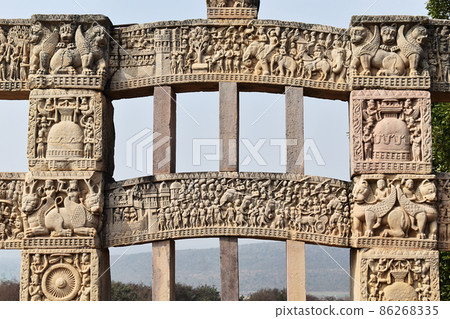 Stupa No 1, West Gateway. Rear Top Architrave showing transport of Buddha's relics after his death. Middle Architrave shows the siege of Kushinagar. The Great Stupa, World Heritage Site, Sanchi, Stupa No 1, West Gateway. Rear Top Architrave showing transport of Buddha's relics after his death. Middle Architrave shows the siege of Kushinagar. The Great Stupa, World Heritage Site, Sanchi, 86268335