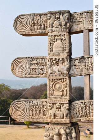 Stupa No 1, West Gateway. Rear view of Architraves Closeup of left side. The Great Stupa, World Heritage Site, Sanchi, Madhya Pradesh, India. Stupa No 1, West Gateway. Rear view of Architraves Closeup of left side. The Great Stupa, World Heritage Site, Sanchi, Madhya Pradesh, India. 86268339