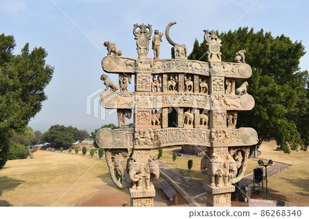 Stupa No 1, North Gateway. Rear view of Architraves and pillars supported by elephants. The Great Stupa, World Heritage Site, Sanchi, Madhya Pradesh, India. Stupa No 1, North Gateway. Rear view of Architraves and pillars supported by elephants. The Great Stupa, World Heritage Site, Sanchi, Madhya Pradesh, India. 86268340