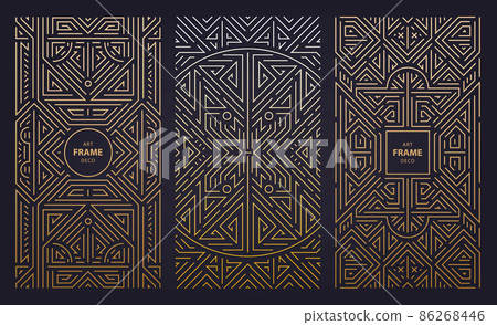 Vector set of monogram design in trendy vintage and mono line style with space for text, abstract golden geometric frames, luxury packaging templates. Use for ad, poster, card, cover. 86268446
