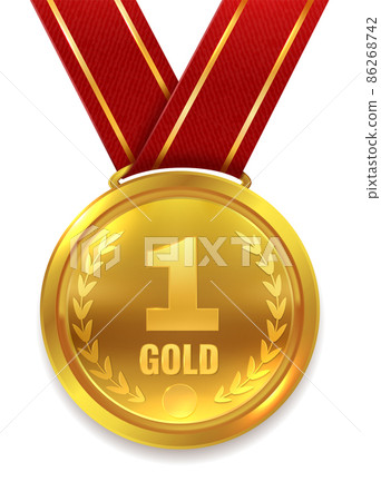 First place trophy. Golden medal on red ribbon 86268742