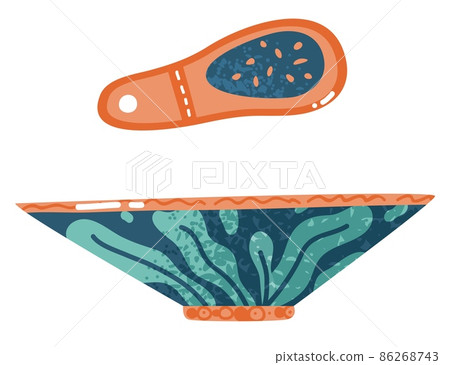 Decorative bowl with ceramic brush. Household clay pottery 86268743