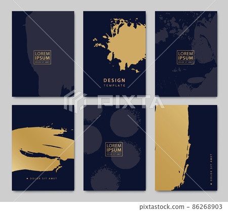 Vector art black cover design set. Creative golden patterns with brush strokes, paint grunge spots on black background. Artistic backgrounds for notebook, flyer, poster, brochure Vector art black cover design set. Creative golden patterns with brush strokes, paint grunge spots on black background. Artistic backgrounds for notebook, flyer, poster, brochure 86268903