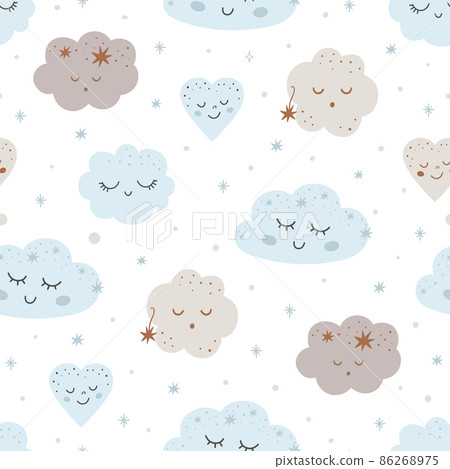 Baby clouds pattern. Nursery dream seamless pattern. Smiling clouds stars Light blue kids sky background. Cute vector design with smiling, sleeping clouds. Baby illustration. 86268975