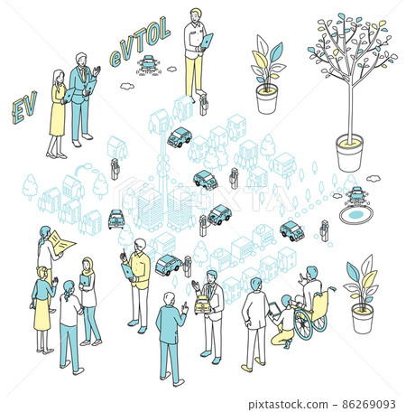 People thinking about the city where flying cars and EV cars run 86269093