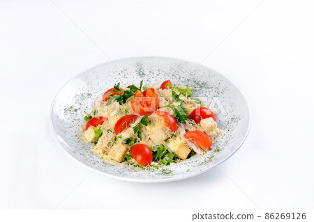 Greek rustic salad with feta cheese, olives, tomatoes. vegetarian Mediterranean cuisine, on a white isolated background Greek rustic salad with feta cheese, olives, tomatoes. vegetarian Mediterranean cuisine, on a white isolated background 86269126