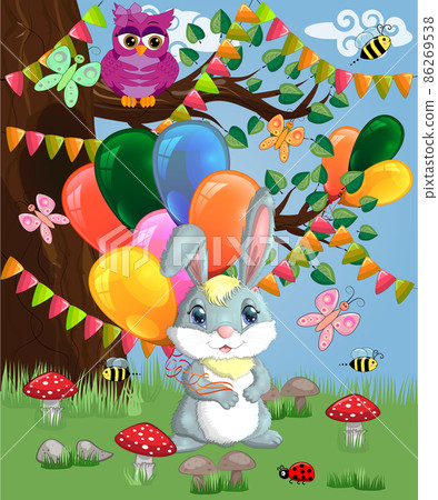 Cute cartoon bunny with an armful of balls in a forest glade. Spring, love, postcard Cute cartoon bunny with an armful of balls in a forest glade. Spring, love, postcard 86269538