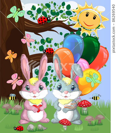Two cute bunny with balls in a forest glade. Boy and girl, concept spring, love, postcard Two cute bunny with balls in a forest glade. Boy and girl, concept spring, love, postcard 86269540