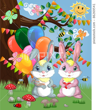 Two cute bunny with balls in a forest glade. Boy and girl, concept spring, love, postcard 86269541
