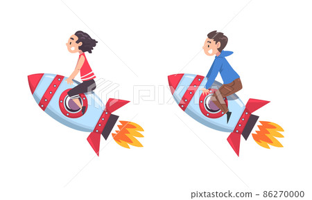 Little Boy and Girl Flying on Space Rocket... - Stock Illustration ...
