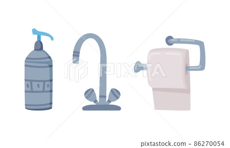 Tap Faucet, Toilet Paper Roll and Soap in Bottle as Bathroom or Washroom Item Vector Set 86270054